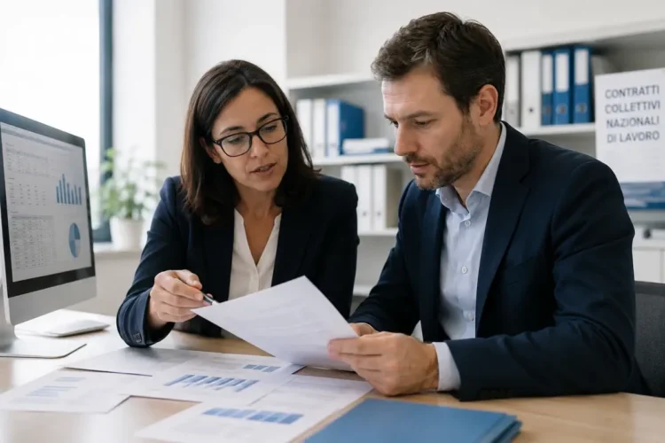 Datore di lavoro mentre analizza documenti per i bonus assunzioni 2026.