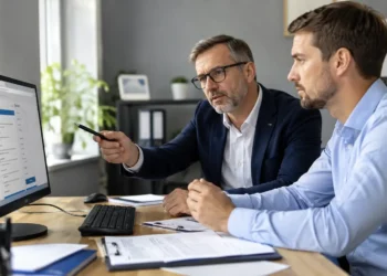 Consulente del lavoro e imprenditore esaminano online le domande per gli incentivi alle assunzioni 2026.