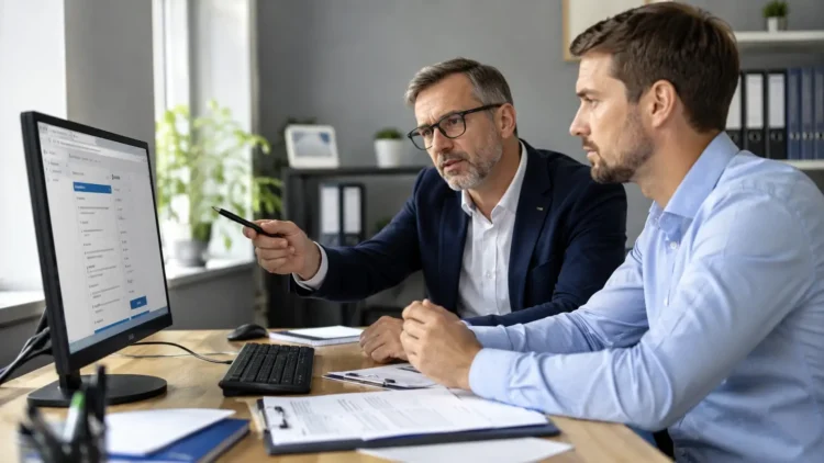 Consulente del lavoro e imprenditore esaminano online le domande per gli incentivi alle assunzioni 2026.