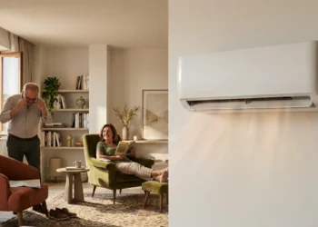 Condizionatore moderno a parete installato in un soggiorno luminoso durante una giornata estiva.