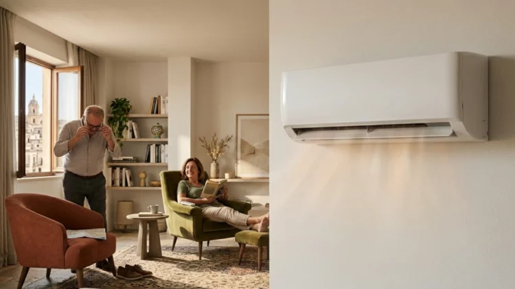 Condizionatore moderno a parete installato in un soggiorno luminoso durante una giornata estiva.