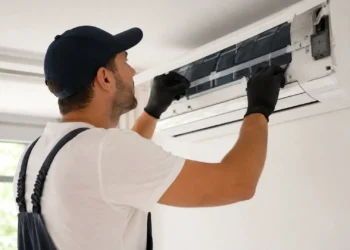 Tecnico durante la manutenzione di un climatizzatore domestico installato a parete