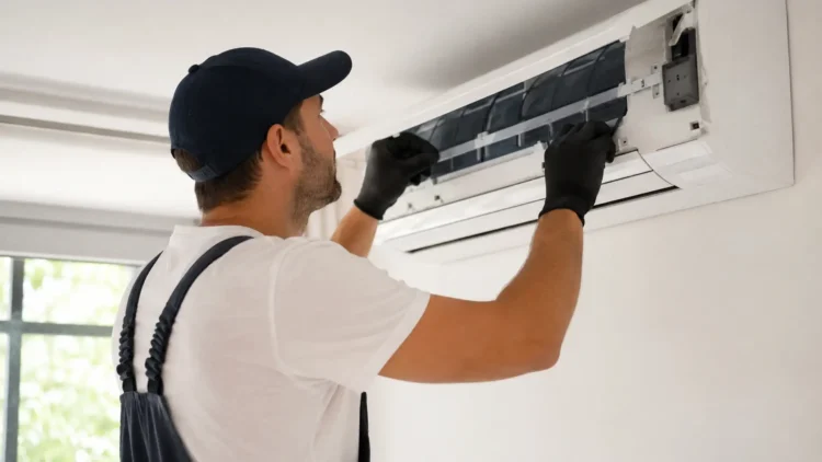 Tecnico durante la manutenzione di un climatizzatore domestico installato a parete