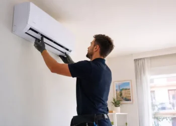 Tecnico installa un climatizzatore a pompa di calore in un'abitazione durante un intervento di efficientamento energetico