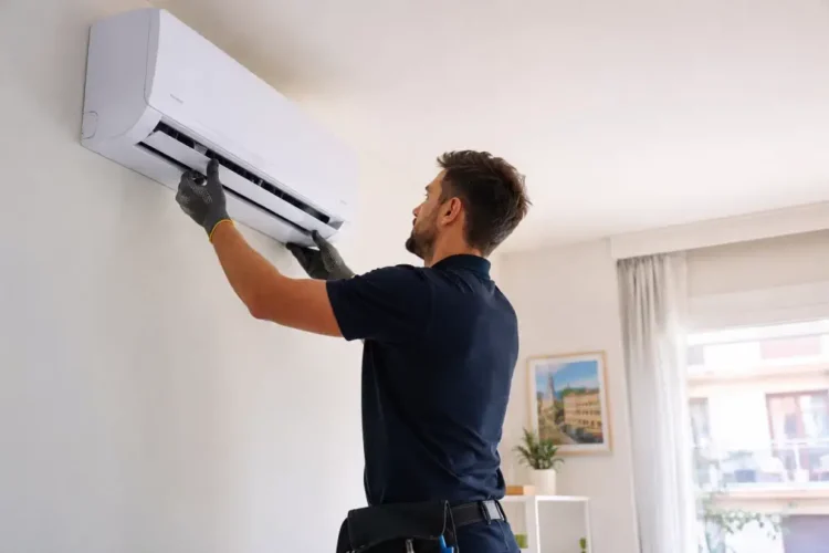 Tecnico installa un climatizzatore a pompa di calore in un'abitazione durante un intervento di efficientamento energetico