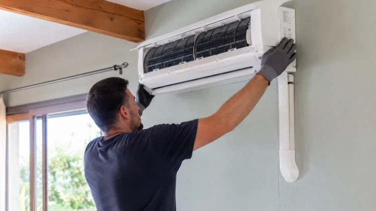Tecnico durante l'installazione di un climatizzatore ad alta efficienza in un'abitazione