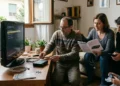 Famiglia italiana utilizza decoder TV collegato a televisore in salotto domestico