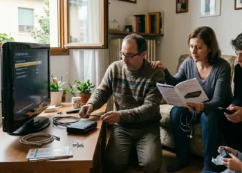 Famiglia italiana utilizza decoder TV collegato a televisore in salotto domestico
