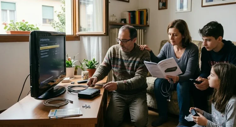 Famiglia italiana utilizza decoder TV collegato a televisore in salotto domestico