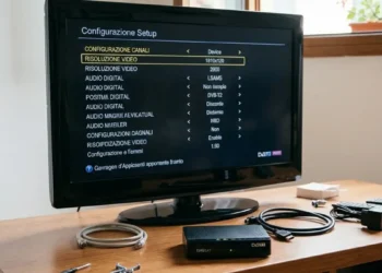 Famiglia italiana utilizza un decoder TV digitale in salotto moderno