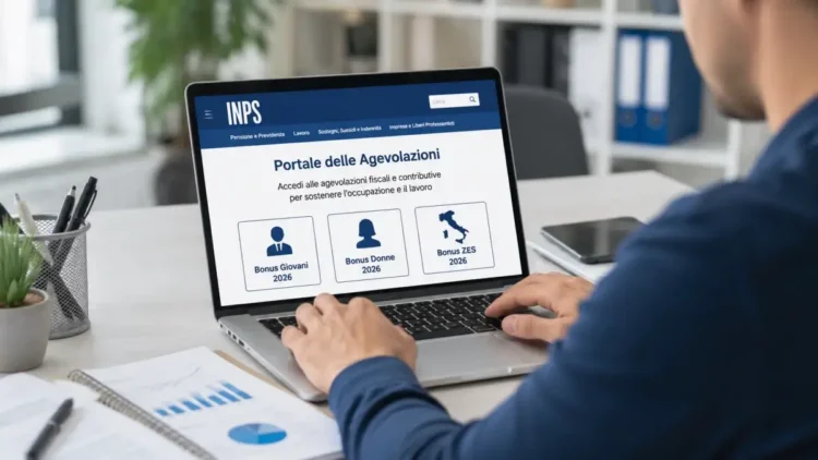 Persona al computer mentre consulta online le procedure INPS per i Bonus Giovani, Donne e ZES 2026