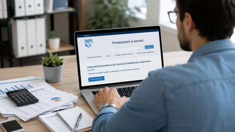 Professionista al computer mentre presenta online la domanda per il bonus Iscro 2026.