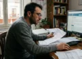 Lavoratore autonomo al computer con documenti fiscali e piattaforma INPS