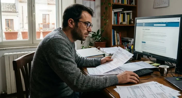 Lavoratore autonomo al computer con documenti fiscali e piattaforma INPS