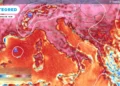Mappa Meteored delle anomalie termiche sull'Italia e sull'Europa durante l'ondata di caldo prevista a fine giugno