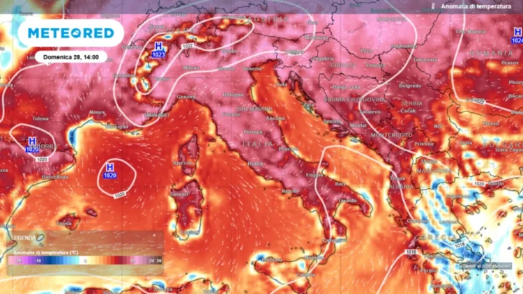 Mappa Meteored delle anomalie termiche sull'Italia e sull'Europa durante l'ondata di caldo prevista a fine giugno