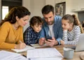 Famiglia italiana che consulta sullo smartphone le date dei pagamenti dell’Assegno unico seduta al tavolo di casa