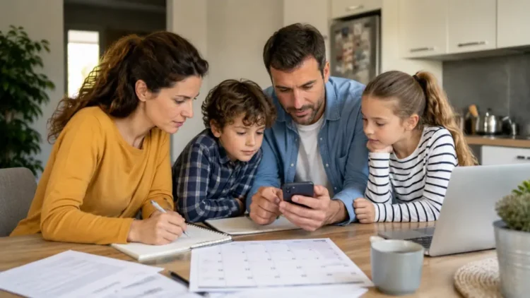 Famiglia italiana che consulta sullo smartphone le date dei pagamenti dell’Assegno unico seduta al tavolo di casa