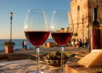 Immagine editoriale generata con intelligenza artificiale: calici di vino rosso Cerasuolo su tavolo con prodotti tipici siciliani, sullo sfondo la Torre Cabrera e il mare di Pozzallo durante la rassegna Calici dei Cabrera