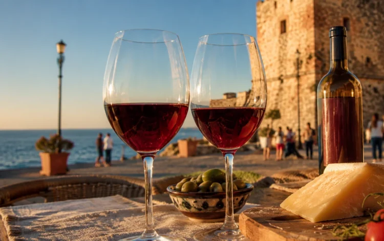 Immagine editoriale generata con intelligenza artificiale: calici di vino rosso Cerasuolo su tavolo con prodotti tipici siciliani, sullo sfondo la Torre Cabrera e il mare di Pozzallo durante la rassegna Calici dei Cabrera