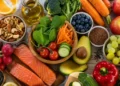 Ciotola con verdure fresche, salmone, frutta, semi e frutta secca, alimenti associati al benessere della pelle in estate