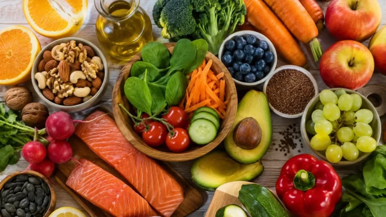 Ciotola con verdure fresche, salmone, frutta, semi e frutta secca, alimenti associati al benessere della pelle in estate