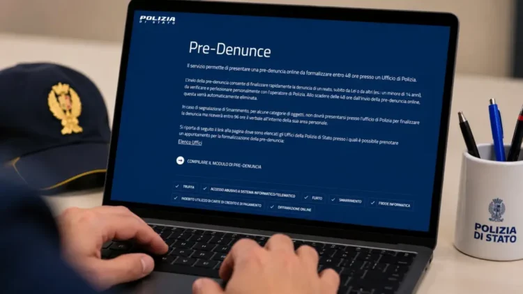Schermata del portale Denunce Online della Polizia di Stato dedicato alla compilazione delle pre-denunce.