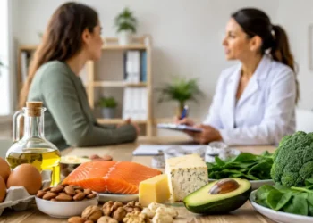 Alimenti tipici della dieta chetogenica durante una consulenza con un professionista della nutrizione.