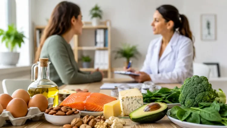 Alimenti tipici della dieta chetogenica durante una consulenza con un professionista della nutrizione.