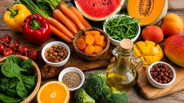 Selezione di frutta, verdura, frutta secca e olio extravergine d'oliva ricchi di nutrienti utili al benessere della pelle durante l'estate
