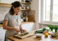 Donna che prepara verdure fresche in cucina luminosa per una dieta leggera e sgonfiante