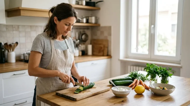 Donna che prepara verdure fresche in cucina luminosa per una dieta leggera e sgonfiante