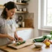 Donna che prepara verdure fresche in cucina luminosa per una dieta leggera e sgonfiante
