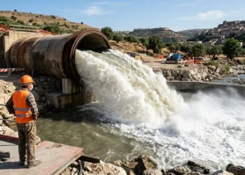 Condotta idrica con forte flusso d'acqua durante lavori su un'infrastruttura del sistema idrico siciliano