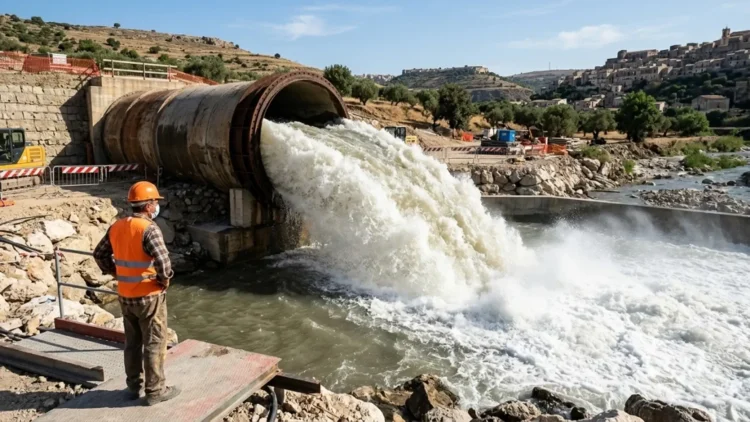 Condotta idrica con forte flusso d'acqua durante lavori su un'infrastruttura del sistema idrico siciliano
