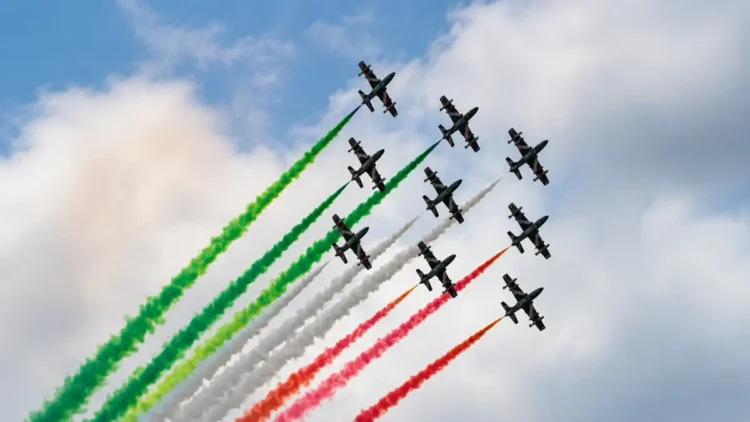 Le Frecce Tricolori sorvolano il cielo durante un'esibizione con i fumi verde, bianco e rosso