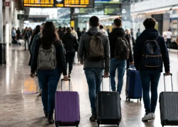 Giovani con valigie e zaini in una stazione ferroviaria, simbolo della mobilità dei laureati dal Sud verso altre regioni