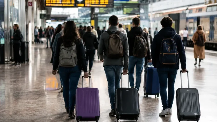 Giovani con valigie e zaini in una stazione ferroviaria, simbolo della mobilità dei laureati dal Sud verso altre regioni