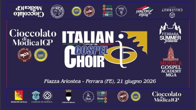 Grafica ufficiale del concerto Italian Gospel Choir a Ferrara con il Cioccolato di Modica IGP dedicato all’evento