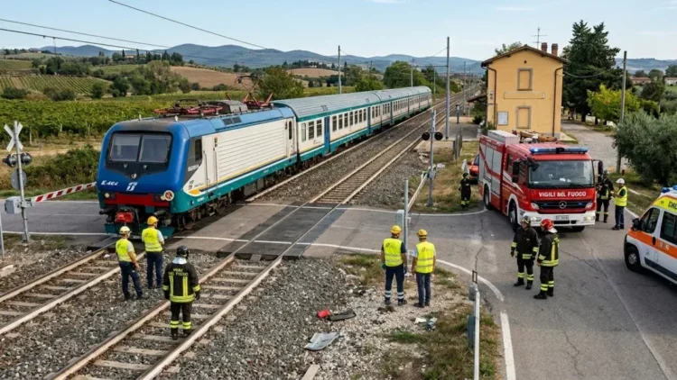 Treno regionale fermo sui binari vicino a un furgone danneggiato con cisterna a un passaggio a livello.