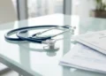 Stetoscopio e documenti sanitari su una scrivania in un ufficio medico