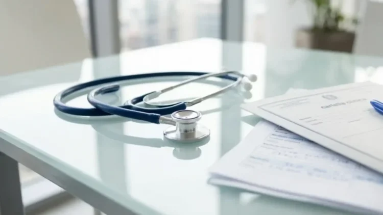Stetoscopio e documenti sanitari su una scrivania in un ufficio medico