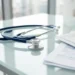 Stetoscopio e documenti sanitari su una scrivania in un ufficio medico