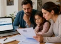 Famiglia italiana che controlla documenti Isee e pagamenti online dell'Assegno unico da casa