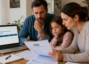 Famiglia italiana che controlla documenti Isee e pagamenti online dell'Assegno unico da casa