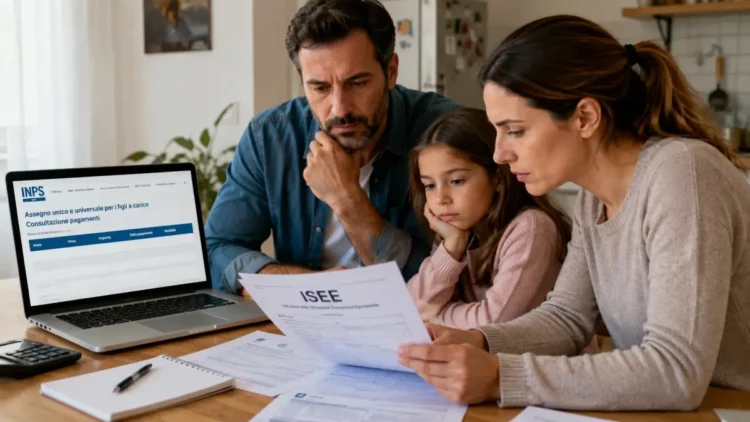 Famiglia italiana che controlla documenti Isee e pagamenti online dell'Assegno unico da casa