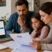 Famiglia italiana che controlla documenti Isee e pagamenti online dell'Assegno unico da casa