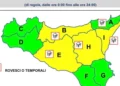 Mappa della Protezione civile con i livelli di allerta e le aree della Sicilia interessate da rovesci e temporali
