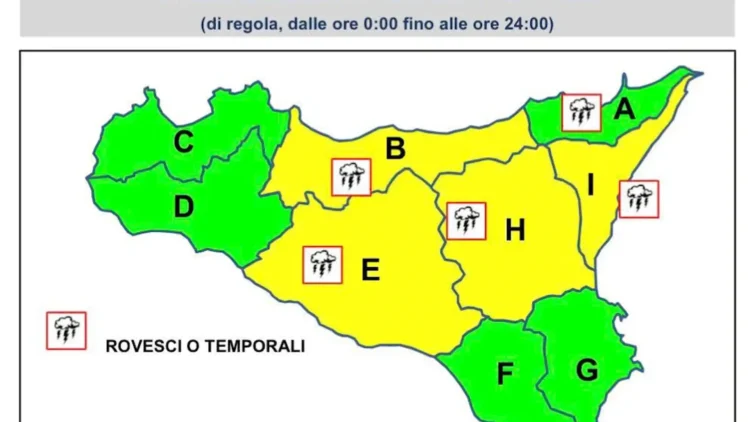 Mappa della Protezione civile con i livelli di allerta e le aree della Sicilia interessate da rovesci e temporali