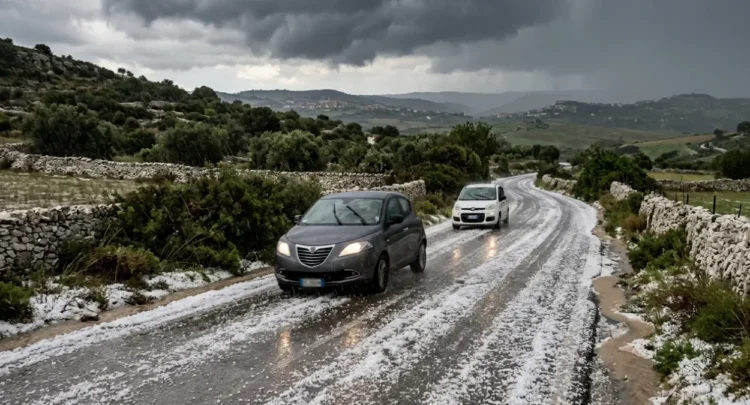 Grandine accumulata su una strada dei comuni montani del Ragusano durante un forte temporale estivo.